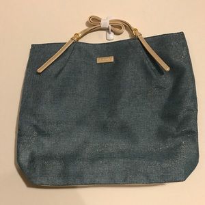 Lancôme Tote Shimmery Teal w/ Gold & Tan Details & Hardware Shoulder Bag BNWOT